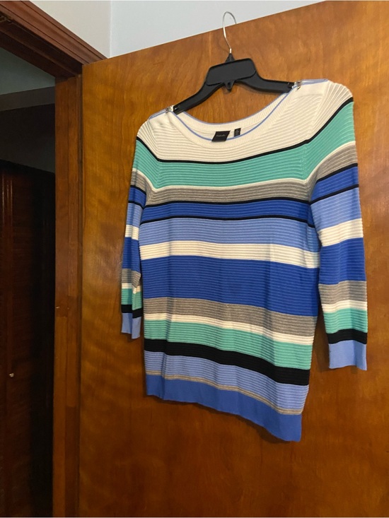 Rafaella Sweaters - Rafaella Blue, Mint & White Striped Boatneck Sweater
